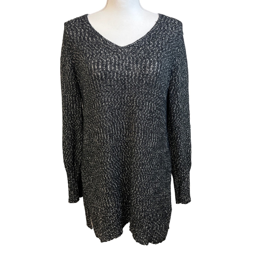 J JILL Sweater Tunic L Black Silver Metallic V-Neck Long Sleeve Cotton Boho
